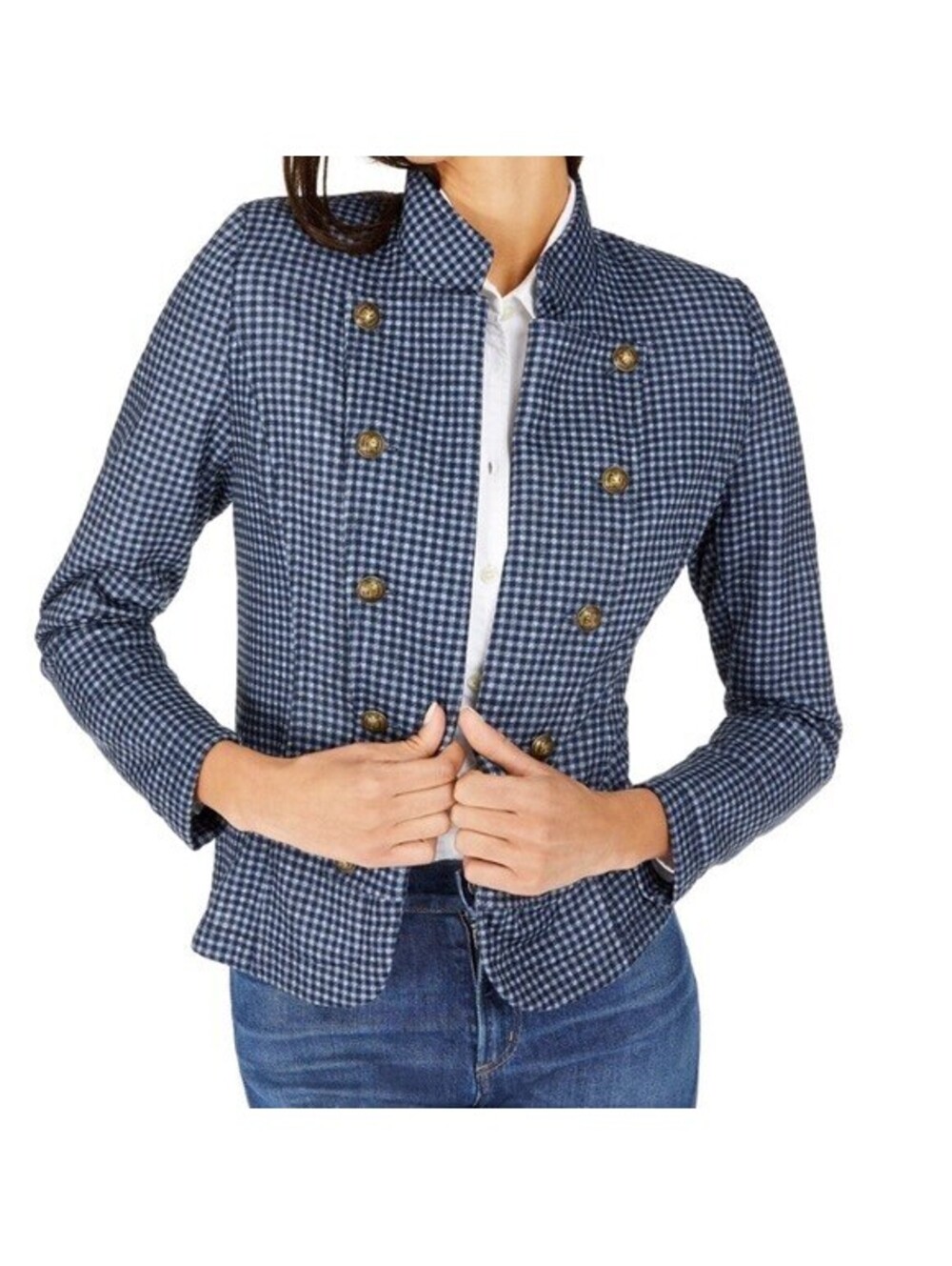 Tommy Hilfiger M Navy Check Knit Military Jacket Long Sleeve Banded Collar EUC